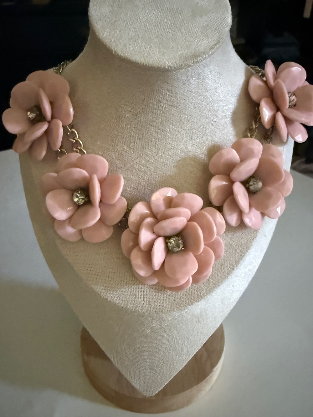 J Crew Blush Pink Resin 3D Flower Rhinestone Cluster Bib Statement Necklace